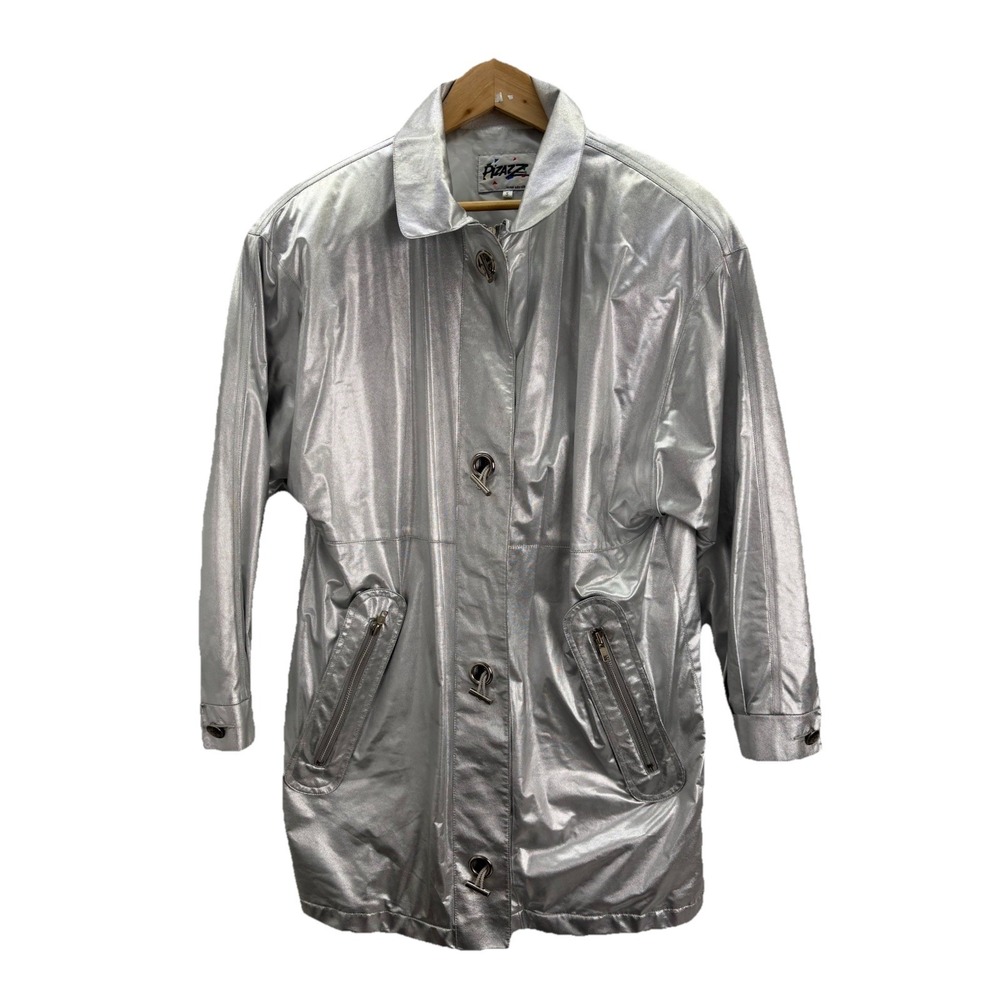Vintage 80s Pizazz Silver‎ Jacket Y2K Windbreaker Retro S